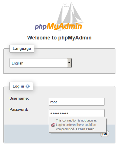 phpMyaAmin raspberry pi login page